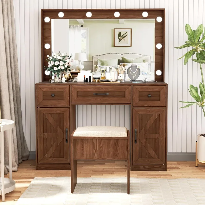 

Makeup Vanity Table with Lighted Mirror, White Vanity Desk with 3 Lighting Modes and Stool Set, Dressing Table with Drawers