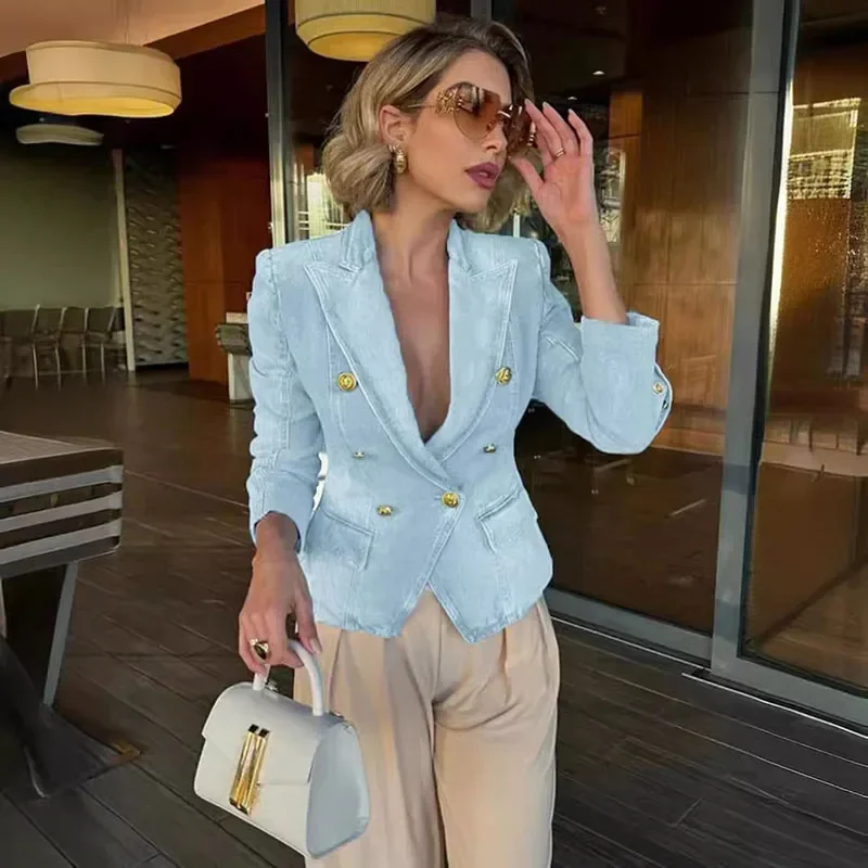 Slim Cropped Denim Jacket Women Lapel Long Sleeve Double Breasted Blazer Coat Female 2025 Spring Summer High Street Outwears