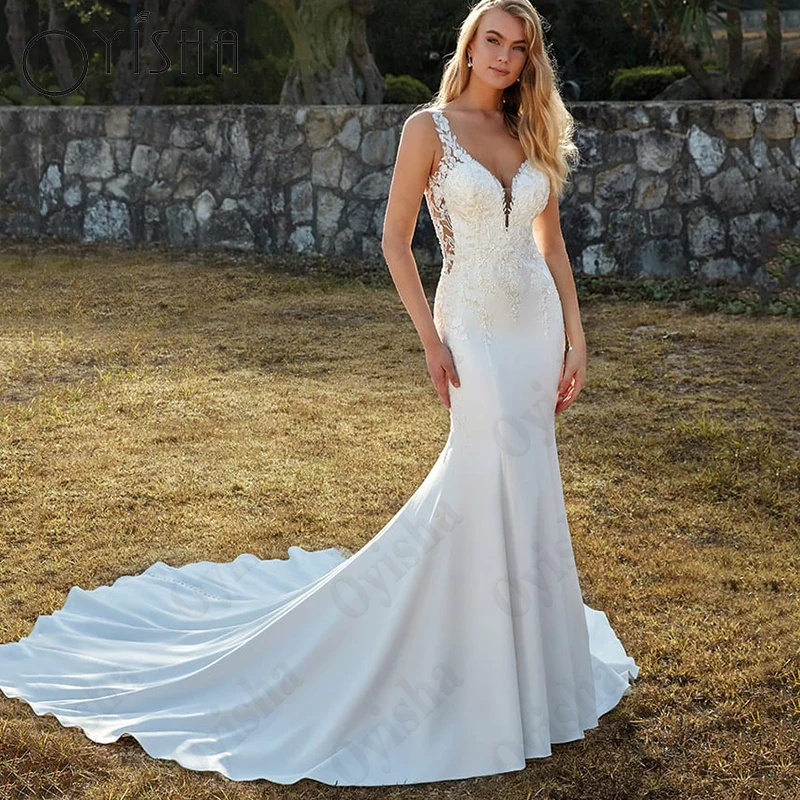 

Oyisha V-Neck Lace Appliques Robe Mariée Bohème Sleeveless Mermaid Satin Wedding Dress Spaghetti Straps Bridal Gowns Custom Made