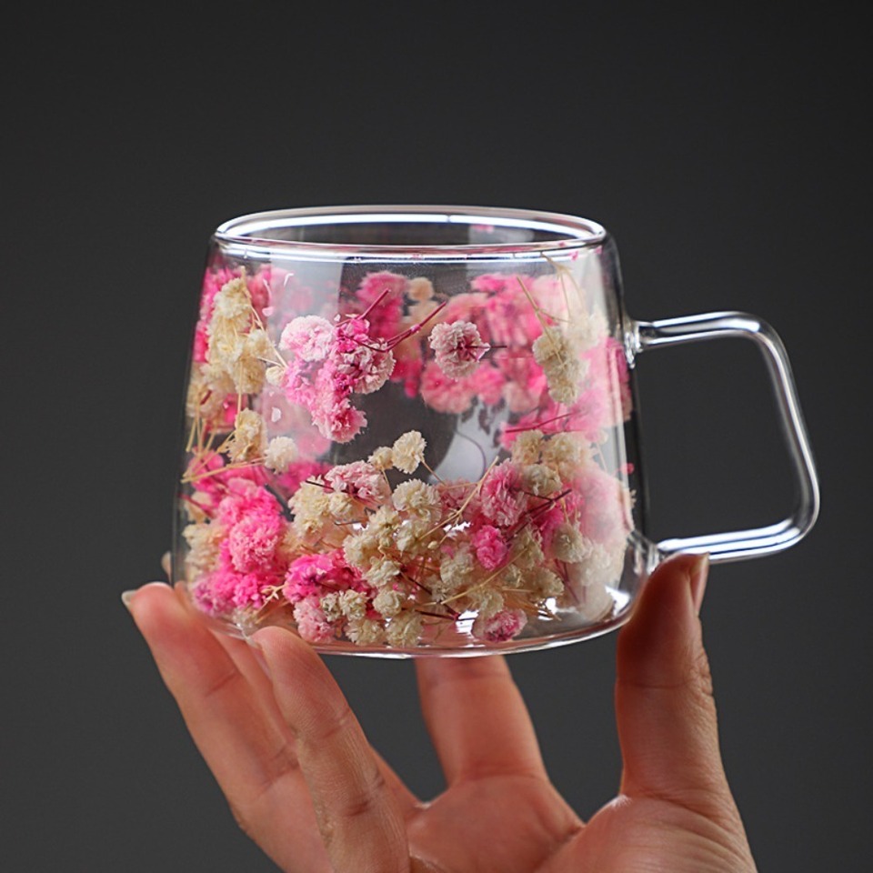 Clear Glass Double-layer Glass Cups New Double-layer with Handle Beverages Storage Simulation Flower Hot Coffee Mugs Home