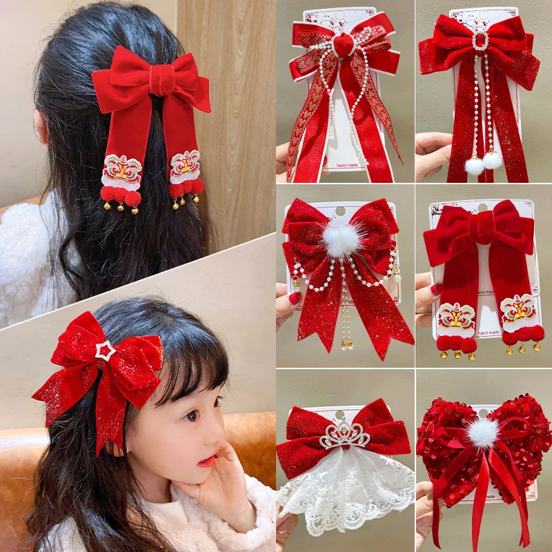 

1/2PCS Red Golden Velvet Bow Hair Ornament Christmas New Year Accessories Hair Clips For Women Girls
