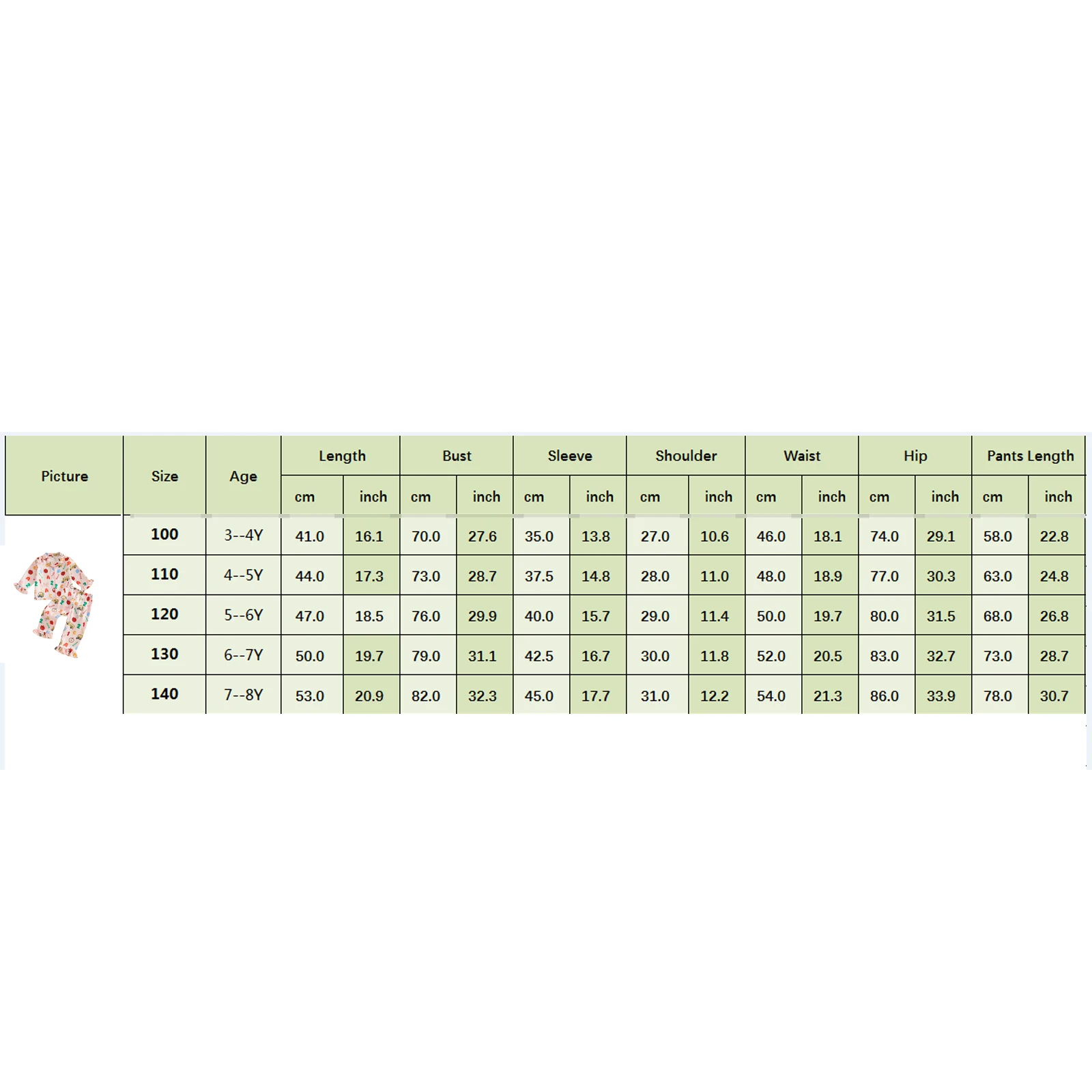 3-8세 여아 신학기 파자마 세트 프린트 러플 트림 버튼다운 긴팔 상의와 바지 라운지웨어 2종 세트