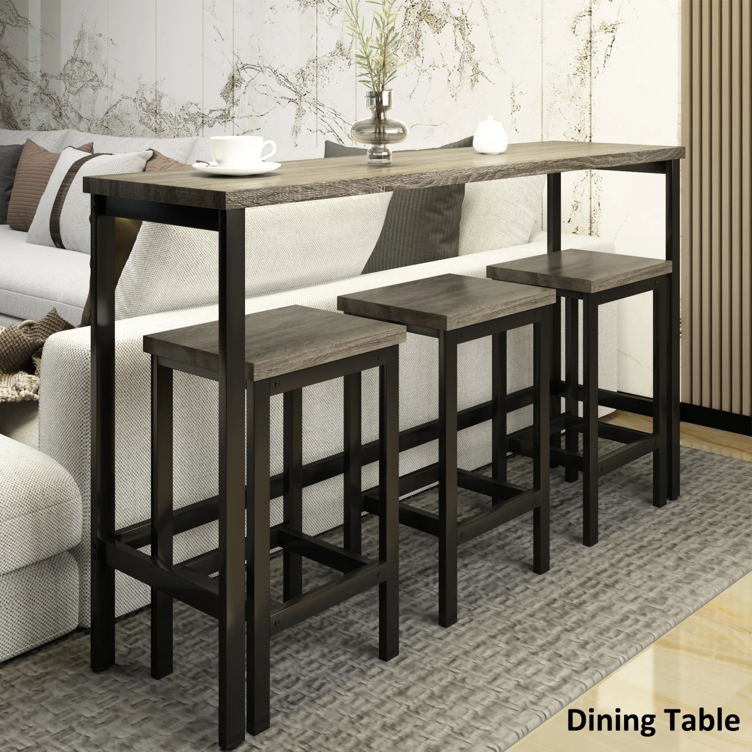 

Elegant TOPMAX Gray Extra Long Counter Height Dining Table Set with 3 Comfortable Stools, Stylish Pub Kitchen Set Including Side