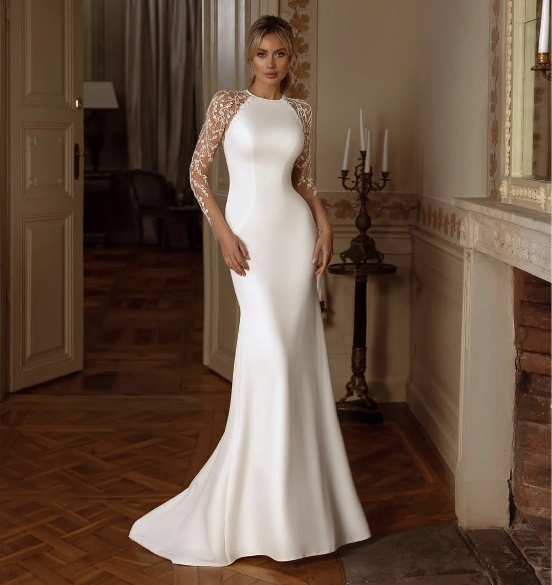 

Elegant Satin Wedding Dress Long Sleeve Lace Mermaid Lace Appliques Bridal Gown Customize To Measures Stunning Soft Stain Women
