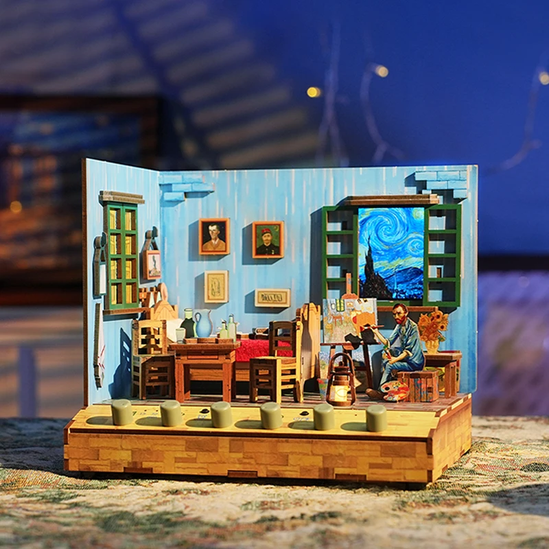 DIY Wooden Miniature Model Kit Van Gogh's Bedroom Casa Doll Houses 3D Puzzle Dollhouse With Furniture for Friends Birthday Gifts 3