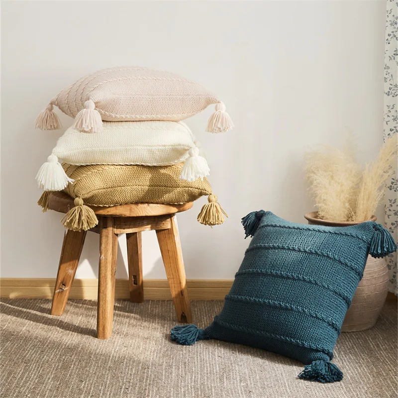

Tassel Knitted Cushion Cover 45x45cm Luxury Iceland Yarn Crochet Home Decorate Sofa Pillow Case for Living Room Bedroom