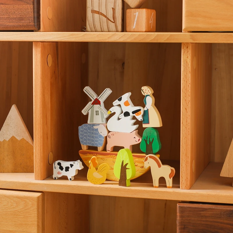Wooden toys Wooden stacking toys Baby farm Animal cow Building blocks Educational balance creative