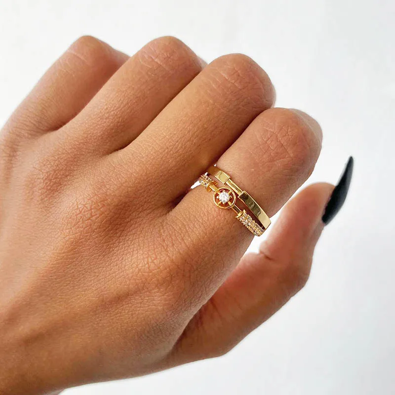 Gold Color Rings Fashion Star Women Stainless Steel Zircon Round Irregular Adjustable Wedding Jewelry Gift Bff