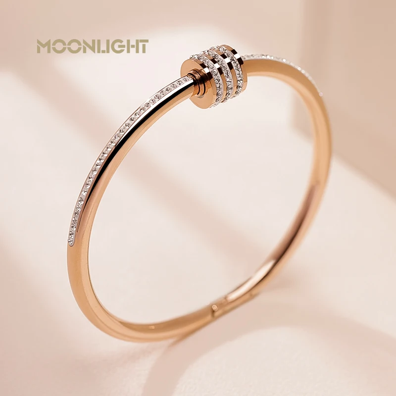 MOONLIGHT Classic Stainless Steel Zircon Bangle For Women Circular Screw Bracelet Female Jewelry Gifts Fashion Accessories 3
