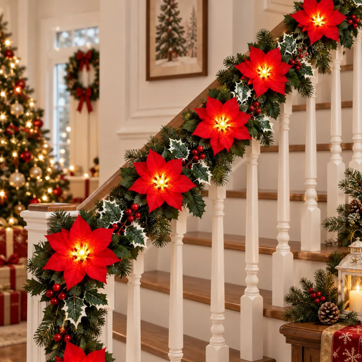 1pc Christmas Poinsettia Wreath String Lights 10/20 LED Artificial Flower Berry Fairy Light for Home Indoor Holiday Xmas Decor