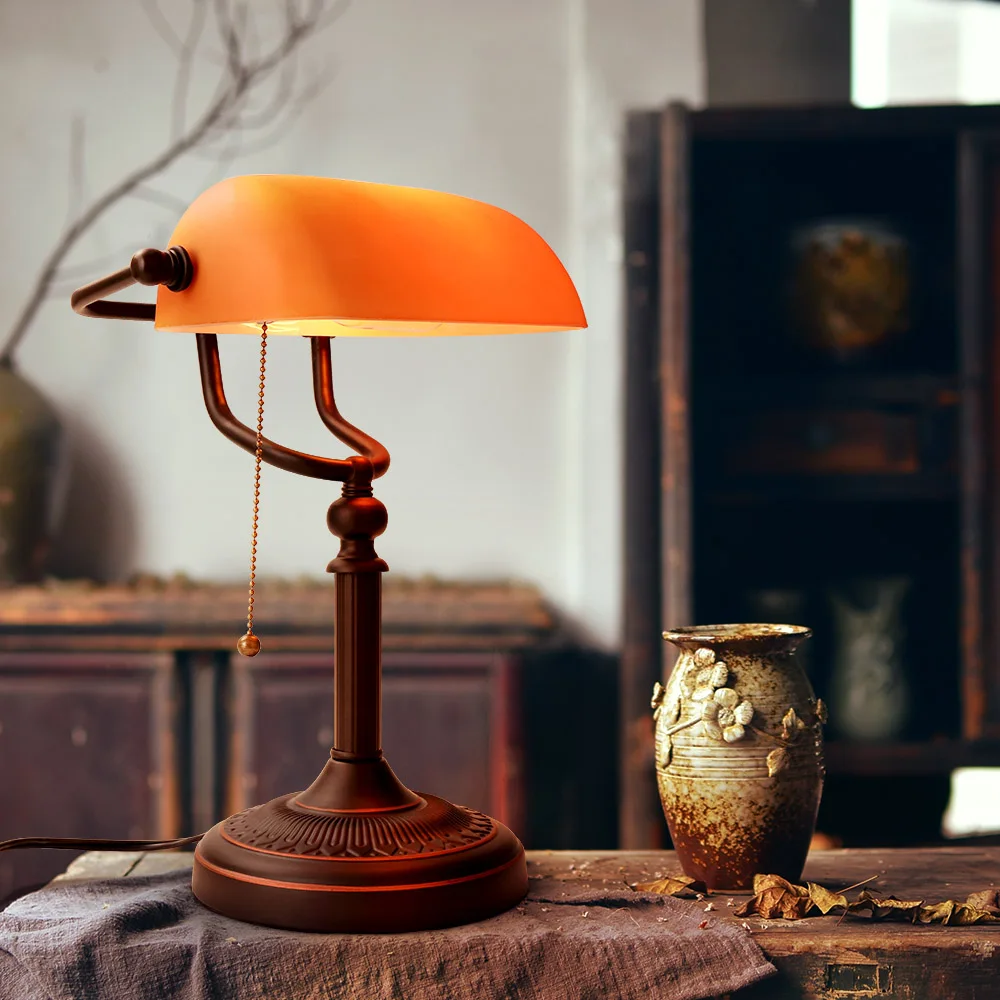 Retro classical E27 110/220V table lamp orange frosted glass shade bank lamp living room bedroom bedside study hotel desk lamp images - 6