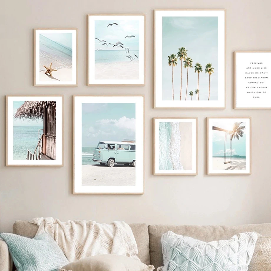 Summer Beach Seeascape Nordic Poster Gabbiano Bus Coconut Tree Swing Ship Canvas Painting Immagini A Parete Per La Decorazione Del Soggiorno