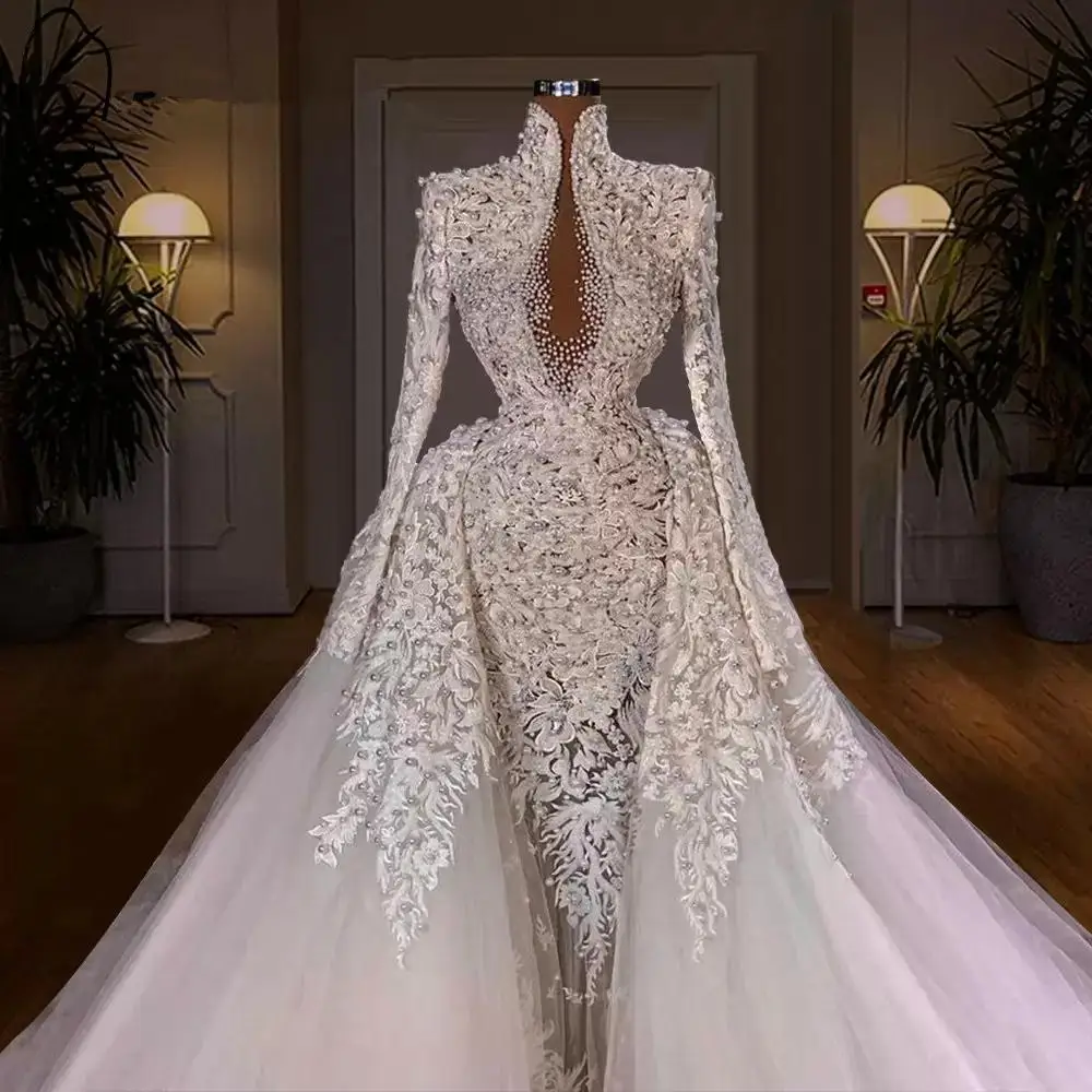 Unique High Neck Beaded Lace Mermaid Formal Evening Dress with Train