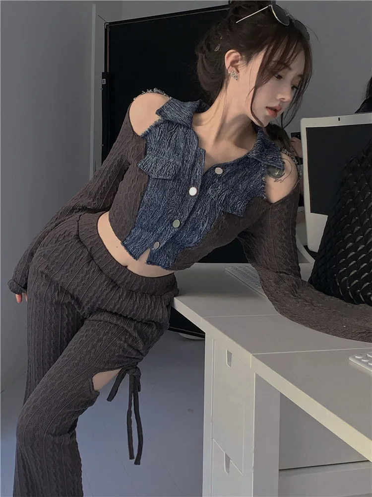 Spice Girls Off Shoulder Stitching Knitted Long Sleeve Cardigan Women's Summer Slim Chic Knitting High Waist Wide Leg Pants