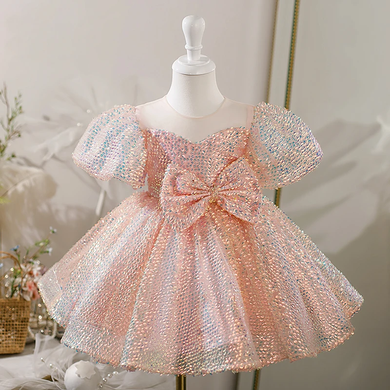 

Girl Kids Formal Prom Gown Children Pink Sequin Birthday Party Dress Puff Sleeve Bow Princess Evening Dresses for 3-10 Years Old