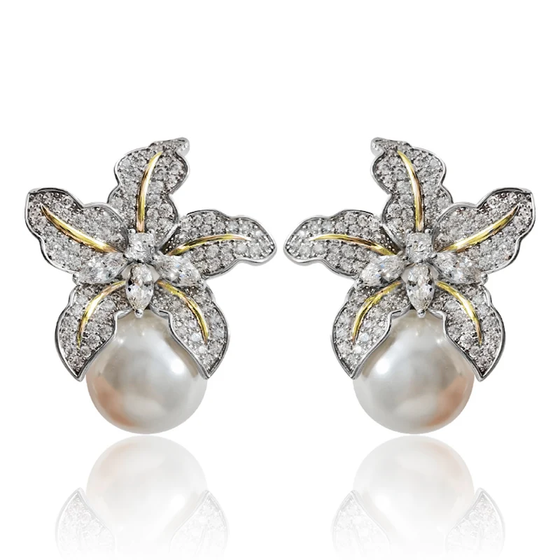 Huitan nádherný kvést imitace perla náušnice ženy luxusní vykládané jiskřivý CZ kámen móda svatební šperků velkoobchod moc