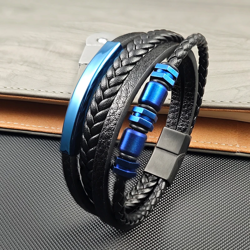 Luxuriöses blaues zylindrisches Armband aus handgewebtem Leder, mehrschichtig, Herren-Edelstahl, magnetische Schnalle, sechseckiger Schmuck, Geschenk