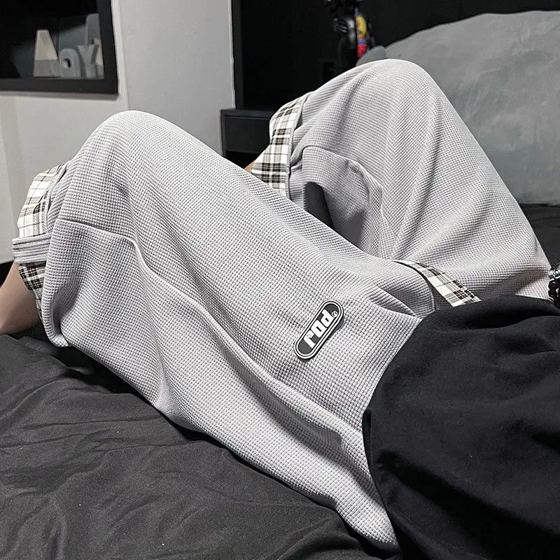 New Summer Waffler Men's Loose Shorts Simplicity Casual Drawstring Elastic Waist Rolled Edge Straight Wide Leg Calf Length Pants