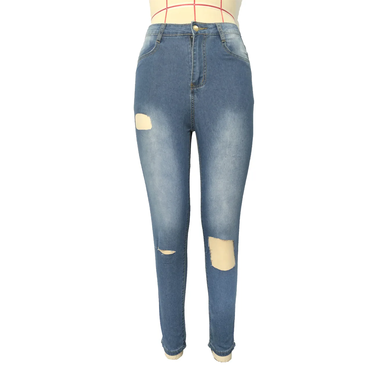 Ripped High * Skinny Jeans, Light Washed Blue Stretchy Sexy Distressed  Curvy Denim Pants, Women's Denim Jeans & Clothing