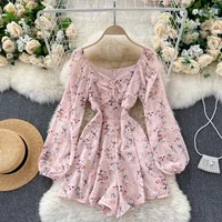 Korean New Spring Summer Chiffon Jumpsuit V-neck Puff Sleeves Folds Slim Slimming Floral Wide-leg Shorts Jumpsuit  UK770 - Image 3