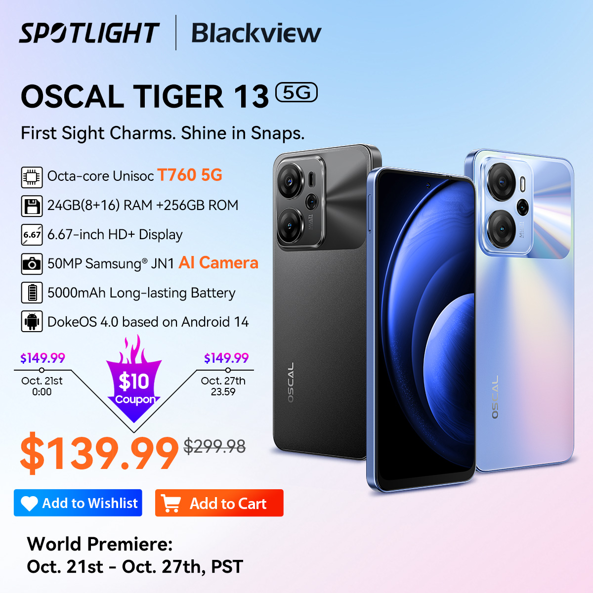 [World Premiere] Blackview OSCAL TIGER 13 Smartphone 5G 6.67'' Display, T760, 8GB+256GB, 50MP AI Camera 5000mAh NFC Android 14