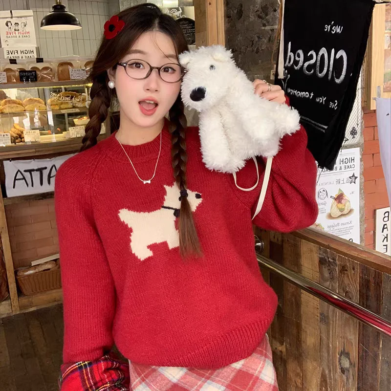 New Autumn and Winter Round Neck Long-sleeved Puppy Sweater Women's Fashion Casual Pullover Knitted Sweater Top