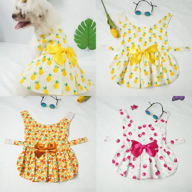 

Small Fresh Bowknot Fruit Printed Princess Dress Dog Dress For Small Dogs Cotton Skirts Summer Pink Yellow Chihuahua Skirts
