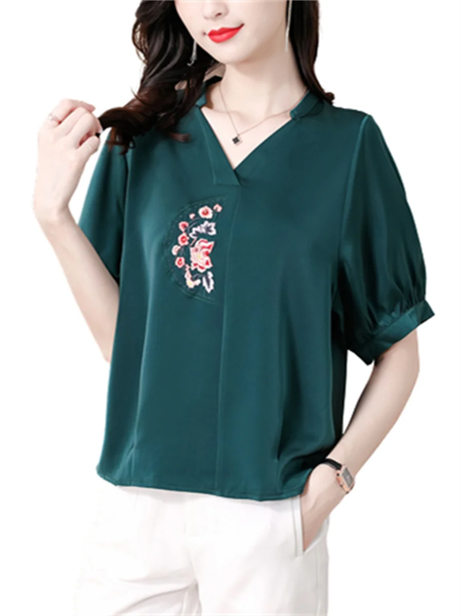 

4XL Women Spring Summer Blouses Shirts Lady Fashion Casual Short Ruffles Sleeve V-Neck Collar Embroidery Blusas Tops CT0250
