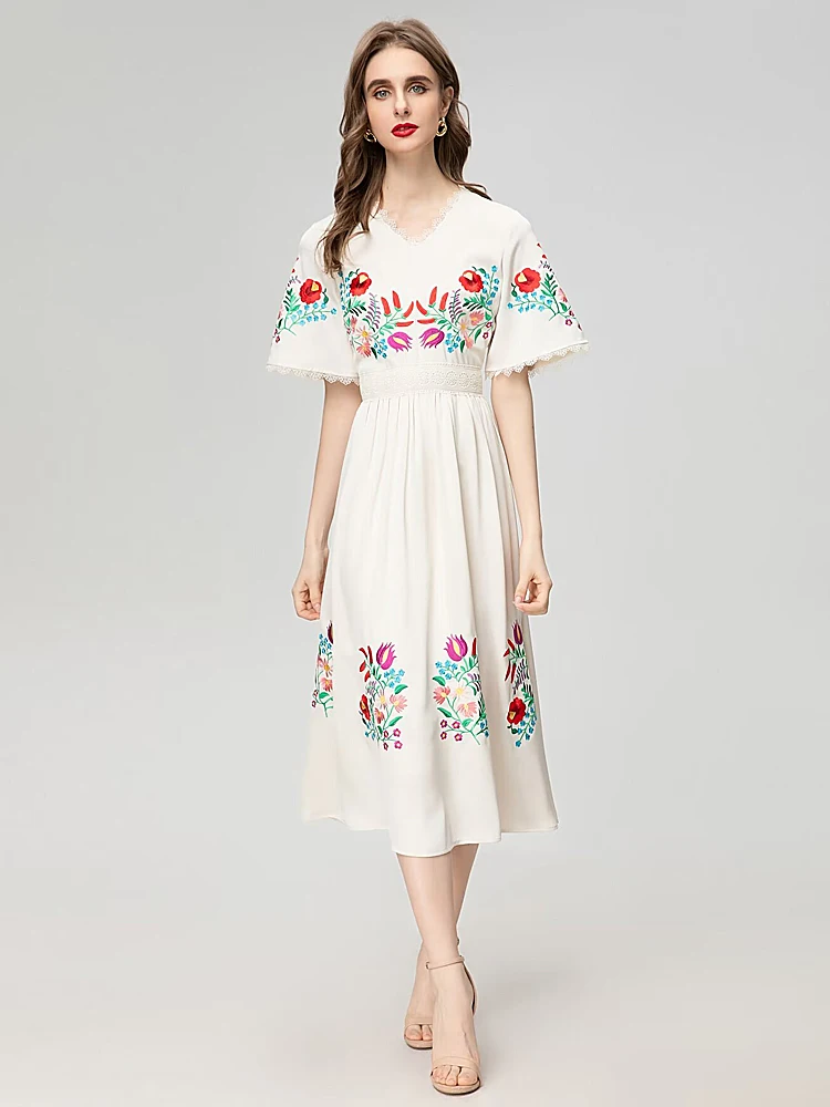 

Women's Runway Extravagant Summer High Quality Fashion Party Beige Embroidery Flare Sleeve Casual Celebrity Classic Midi Dress