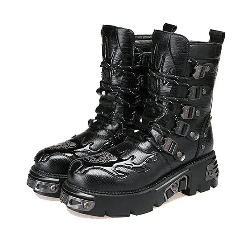 

Retro Gothic Punk Men's Genuine Leather Motorcycle Boots Platform Rubber Boots Winter Mid-Calf Military Combat Boots Fashion47