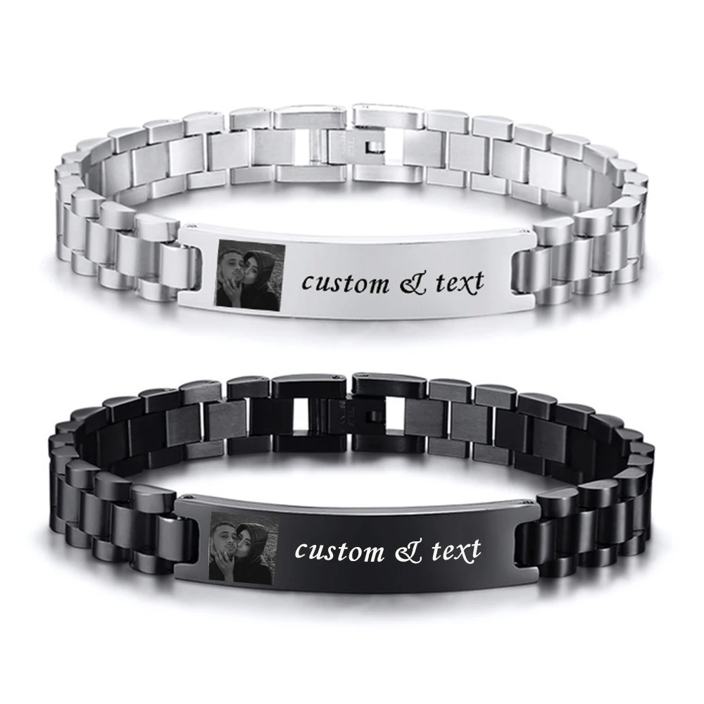 Personalized Photo Bracelet Customized Pictures Bracelets Engravable Picture Text Stainless Steel Memorial Couple Jewelry Gifts