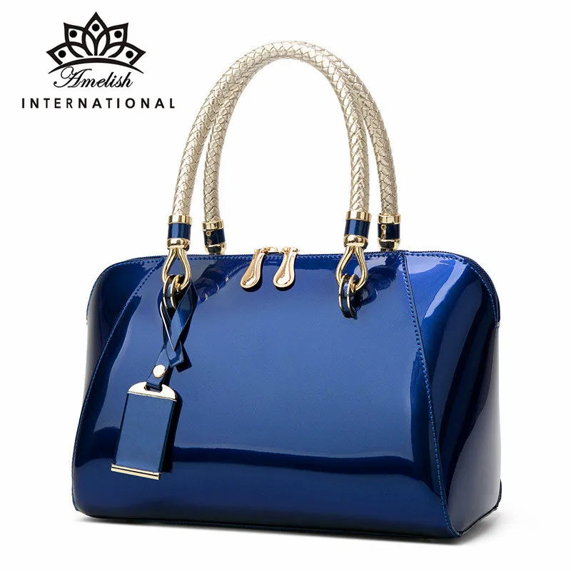 

AMELISH 2022 Women's Bag Solid Color Patent Leather Boston Bags Luxury Designer Female Shoulder Handbag Simple Party Totes