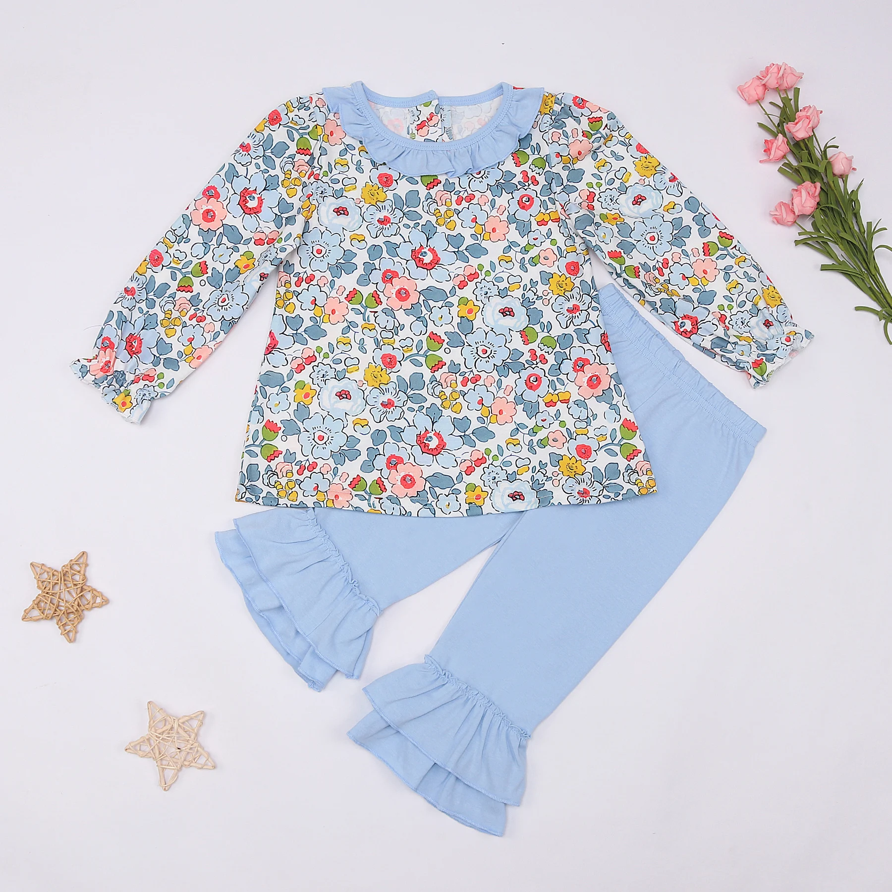 

0-24M Fall Designs Hot Sale Cotton Colorful Floral Long Sleeves and Pants Support Custom Pretty Outfits Girl Set