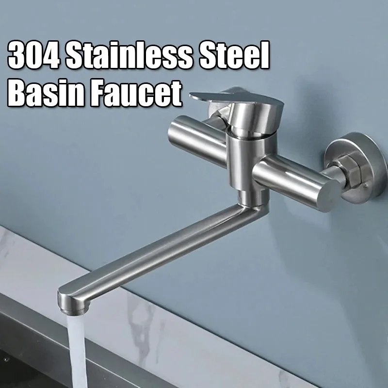 High Quality Stainless Steel Bathroom Faucet Wall Mounted Faucet Hot and Cold Tap With Accessorie Extended Handle