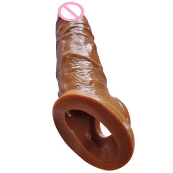 Realistic Penis Sleeve Extender Sheath Soft Cock Enlarger Cover Reusable Condom Brown Silicone Extension Case Sex Toy for Men 6