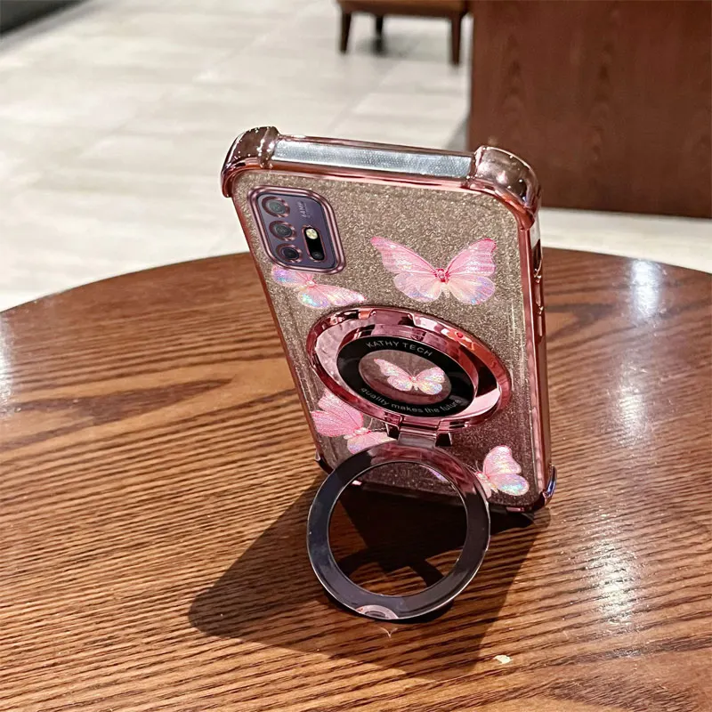 Glitter Pink Butterfly Phone Holder Case with Diamonds Strap Lanyard