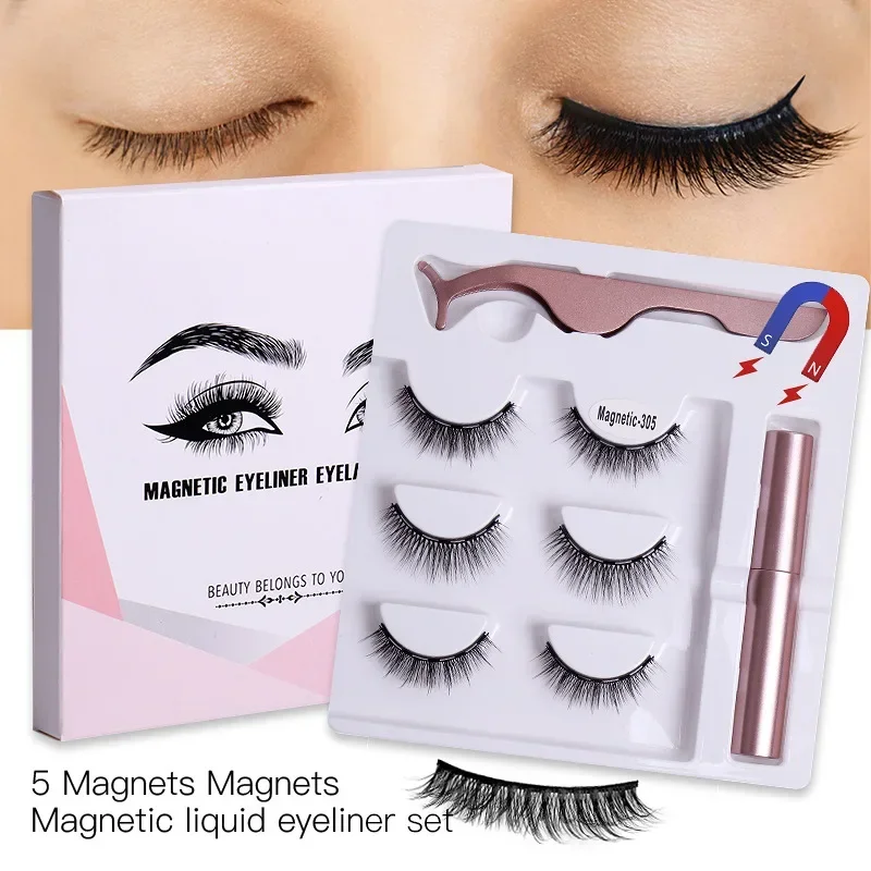 

3/5 Pairs Magnetic Eyelashes 3D Faux Mink Eyelashes Makeup Magnetic Lashes Liquid Eyeliner Tweezers Set Natural False Lashes