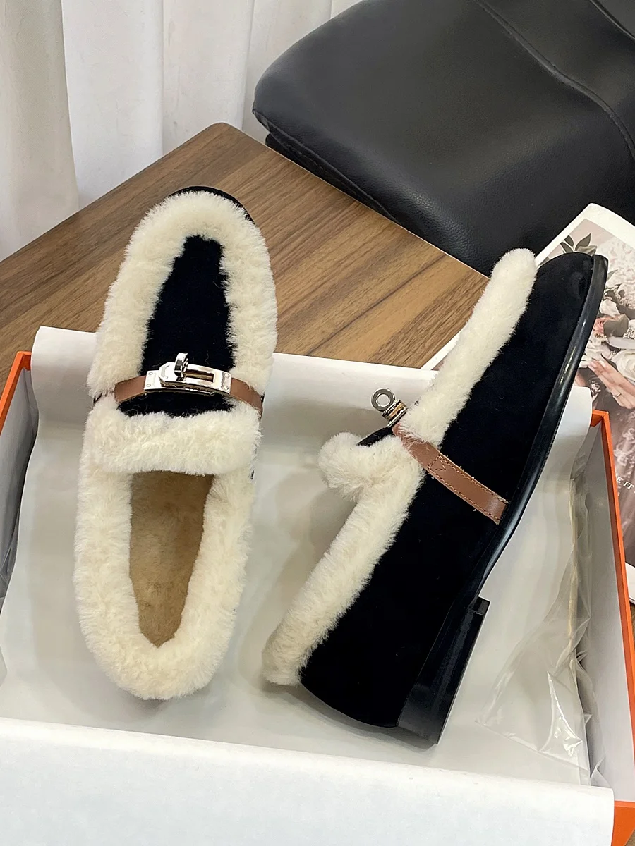 

Туфли женские шерстяные с пряжкой, лоферы, мягкая подошва, лоферы, повседневная обувь на плоской подошве, в стиле пэчворк, зимний сезон