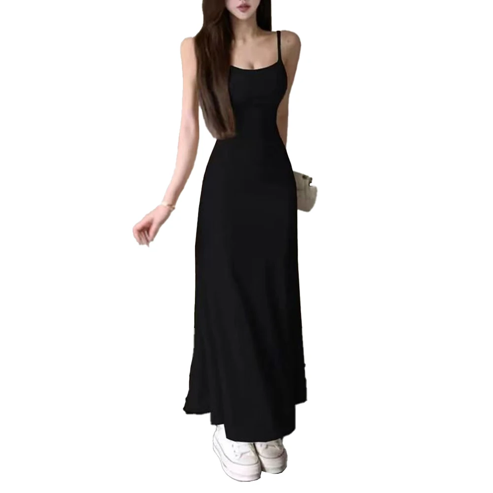 

Daily Black Grey Sleeveless Slim Fit Square Collar Wine Red Long Dress Womens Daily Casual Female Sexy All Seasons