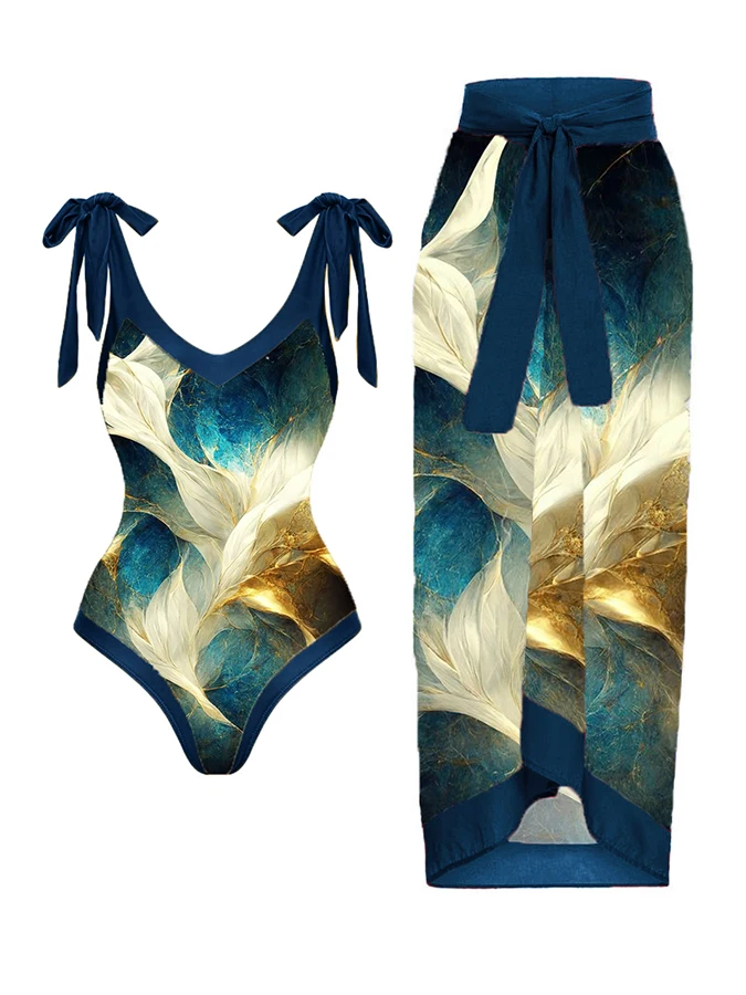 Fashion Print One Piece Swimsuit Cover Up Women V Neck Holiday