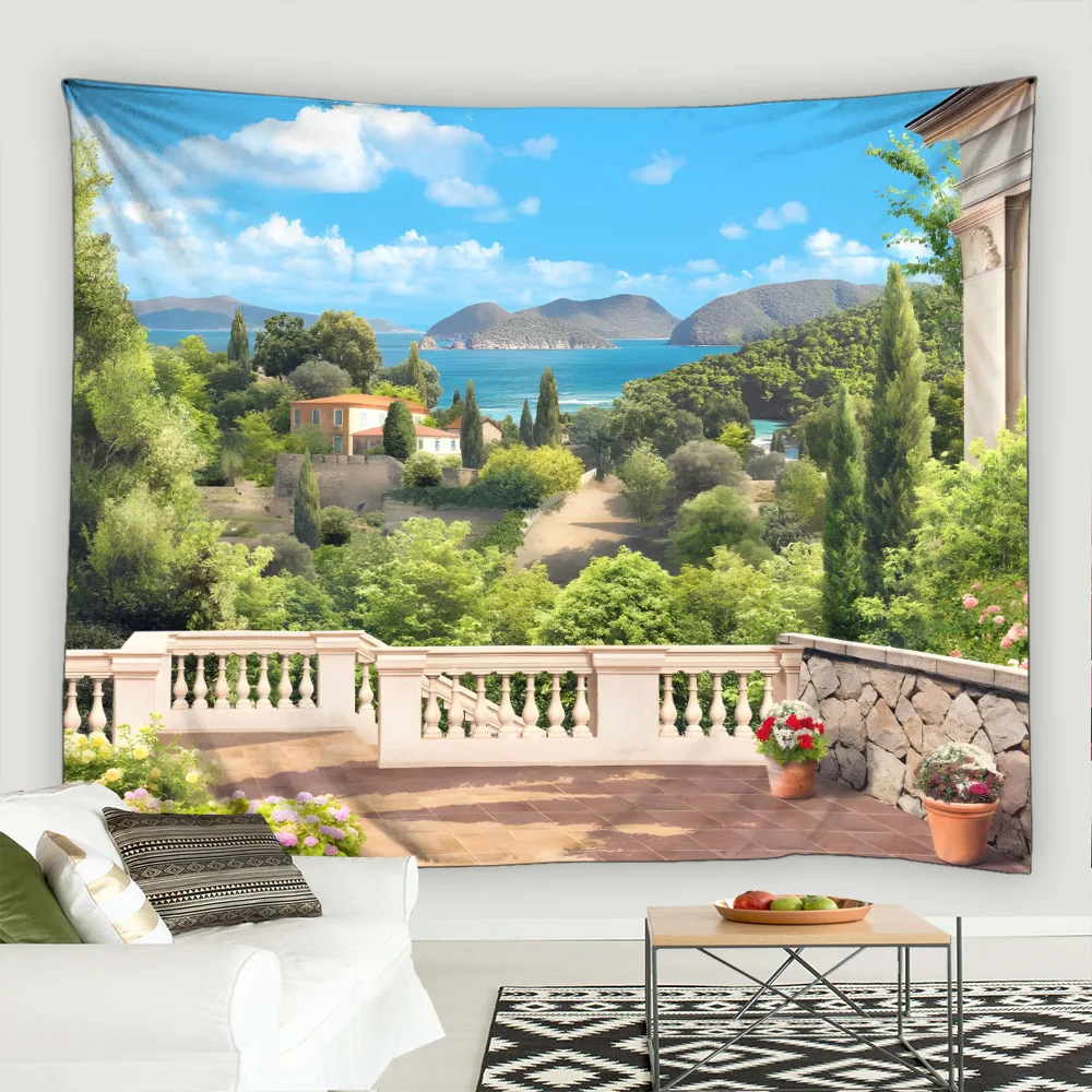 

Seaside Street Scenery Tapestry Mural Garden Plants Flower Waves Nature Scenery Outdoor Living Room Dormitory Decor Wall Hanging