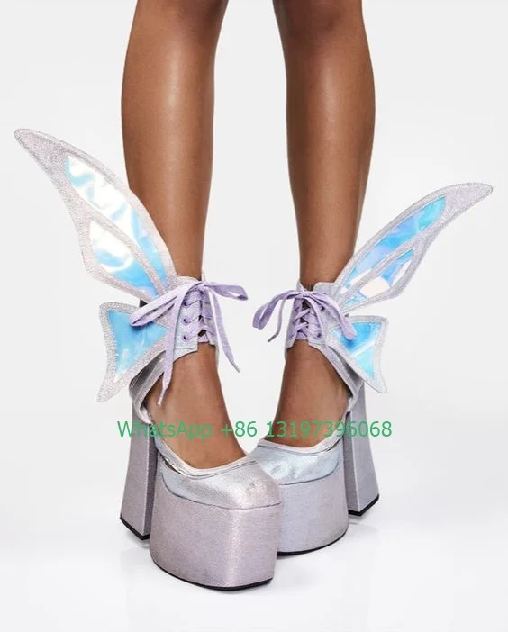 Lady Poplar Butterfly Wings Design Platform Boots Lace-Up Hollow Design Chunky Heel Mary Jane Summer Fall Daily Dress Shoes Size