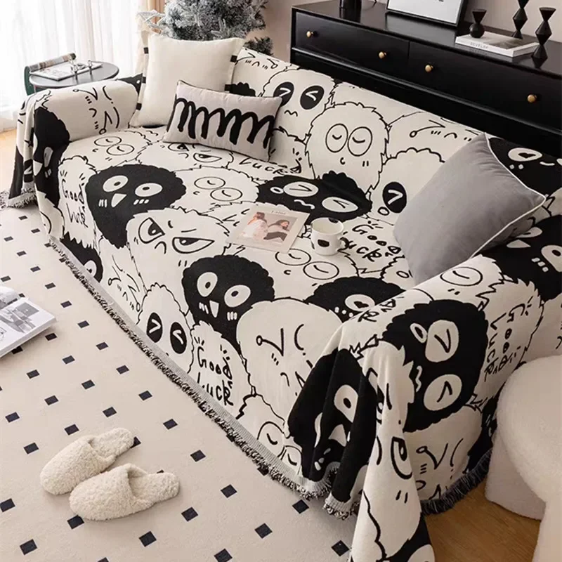 

Black White Cartoon Cute Sofa Cover with Tassels Simple Blankets for Bed Ins Style Sofa Throw Blanket Outdoor Camping Picnic Mat