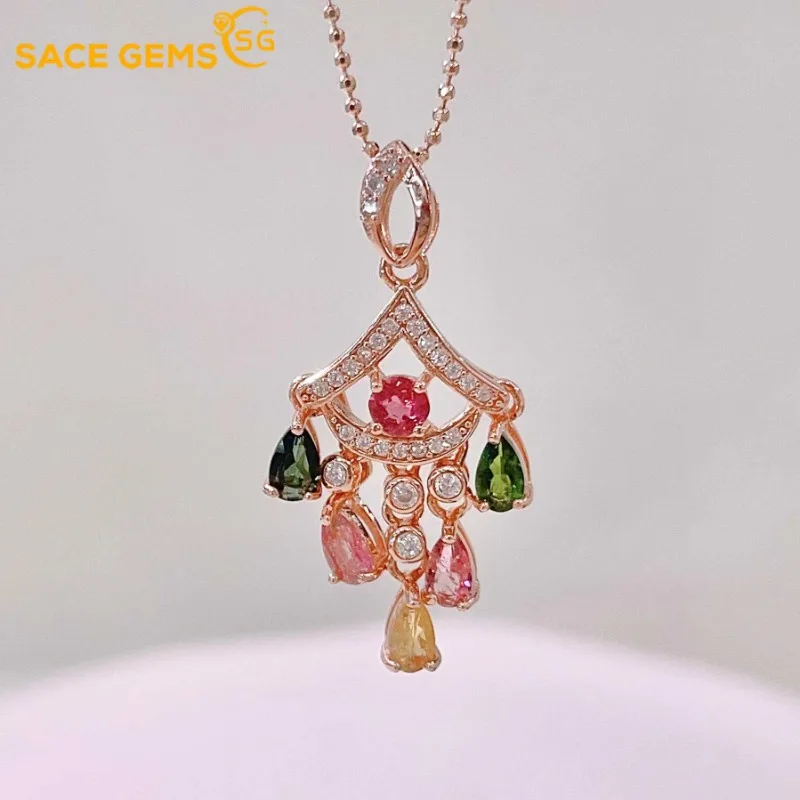 

SACE GEMS Luxury 925 Sterling Silver Certified 3*5MM Natual Tourmaline Pendant Necklace for Women Cocktail Party Fine Jewelry