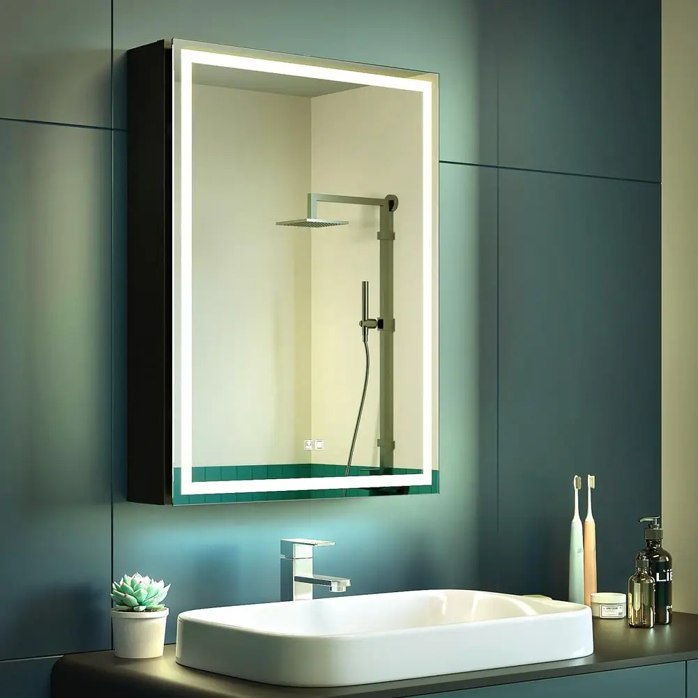 

20 x 28 Inch LED Lighted Bathroom Medicine Cabinet, Defogger, Dimmable, 3 Color Light Makeup Mirror, Outlets & USBs, Easy to Ins