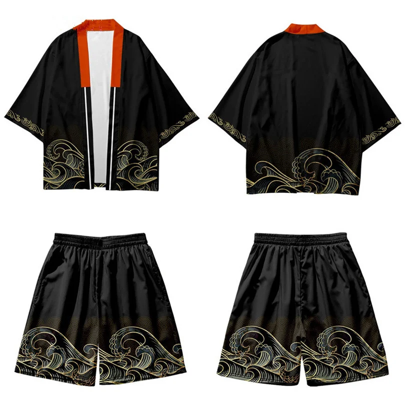 Two-piece Suit Kanagawa Wave Print Haori Yukata Trendy Popular Kimono and Shorts Sets Summer Japanese Cardigan Girls Boys Shirt