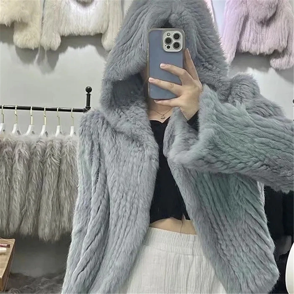 Trendy2KAutumn-Winter Women'S  New Encrypted Hand-Woven Double-Sided Hooded Korean Short Rabbit Fur Coat For Wo