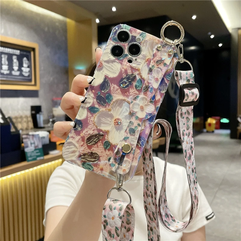 Elegant Floral Diamond Soft Cover with Crossbody Lanyard and Wrist Strap