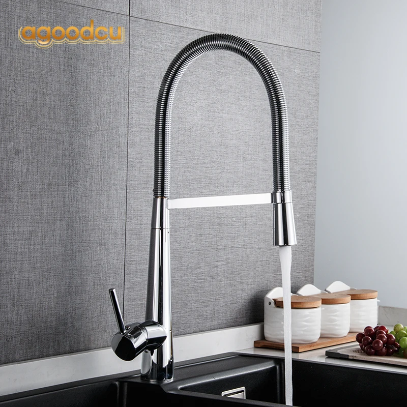 

Chrome Kitchen Faucet Pull Out 360 Rotation Sink Mixer Tap Deck Mounted Single Handle Spring Neck Electroplating Brass Faucets