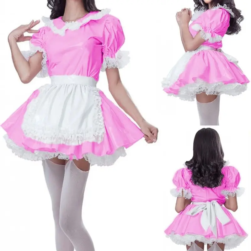 

New Sweet and Classic SissyPVC Flip Collar Independent Apron Role Playing Bubble Sleeves Party Fashion Collar Dress for Girls